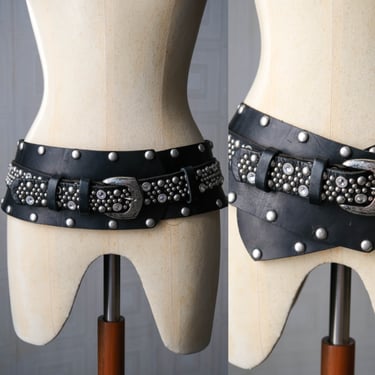 Vintage 80s LEATHEROCK Black Wide Double Belted Studded & Rhinestone Riveted Belt | 100% Genuine Leather | Made in USA | 1980s Designer Belt 