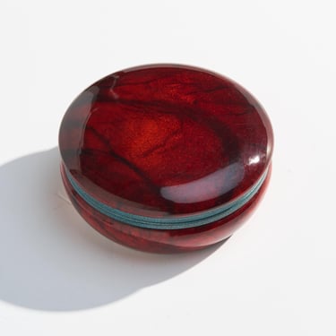 Vintage Red Italian Alabaster Jewelry Box // Round Maroon Stone Trinket Box with Teal Detail // Made In Italy 