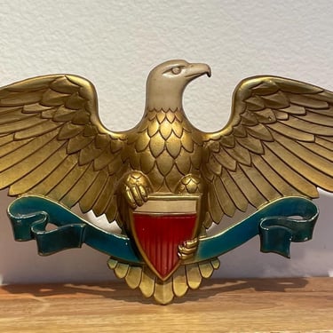 Vintage Sexton Bald Eagle Wall Cast Plaque | Metal American Bald Eagle & Shield Wall Decor | Patriotic Painted Metal Wingspan Eagle 