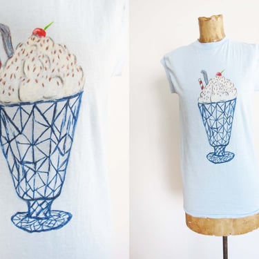 Vintage Hand Drawn Ice Cream Sundae Muscle T Shirt - Light Blue Sleeveless Muscle Shirt - Fruit of the Loom made in USA - Quirky Kawaii 
