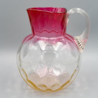 Hobbs & Brockunier Rubinma Verde Polka Dot Pitcher | Antique Inverted Thumbprint Amberina Style Water Jug | Cranberry to Uranium Glass 