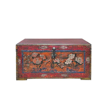 Chinese Vintage Distressed Red Brown Floral Theme Trunk Box Chest ws3814E 