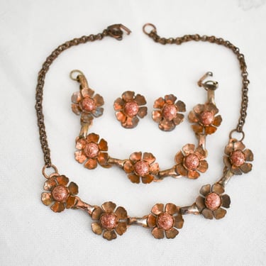 1940s/50s Copper Flower Parure, with Clip Earrings, Necklace, and Bracelet 