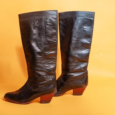 90s Black Leather Eyelet Cutout Western Boots Vintage Tall Thigh High Cowgirl Boots 