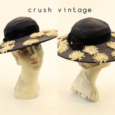 Vintage Black Straw Wide-Brim Hat with Floral Trim “picture hat” 1940’s/1950’s 1940s Black Straw Picture Hat | Vintage Wide Brim Daisy Hat  main image 3