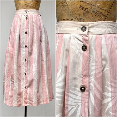 Vintage 1980s Pink Striped Cotton Skirt, 80s Pleated Tropical Print Skirt w/Adjustable Waist, Small - Medium 