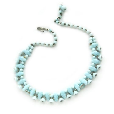 Vintage West German Glass Bead Necklace in Pale Blue, 1950s Czech Glass Necklace with Bells and Leaf Shapes, Choker, Something Blue Bride 