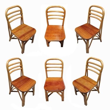 Restored Rattan Skeleton Back Dining Room Chair w/ Mahogany Seat, Set of Six 