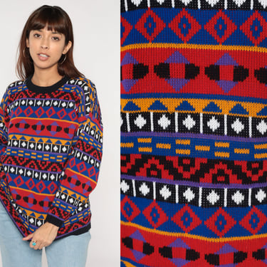 Geometric Striped Sweater 90s Knit Pullover Sweater Crewneck Jumper Red Blue Purple Bright Diamond Print Retro 1990s Vintage Acrylic Medium 