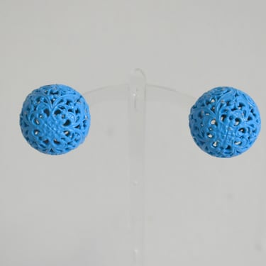 1960s Napier Blue Filigree Ball Clip Earrings 
