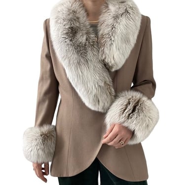 Vintage 1980s Lilli Ann Tan Wool Genuine Fur Collar Blazer Jacket Sz M 