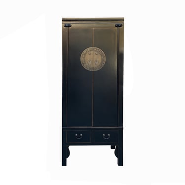 Oriental Black Narrow Wood Carving MoonFace Slim Storage Cabinet cs7765E 