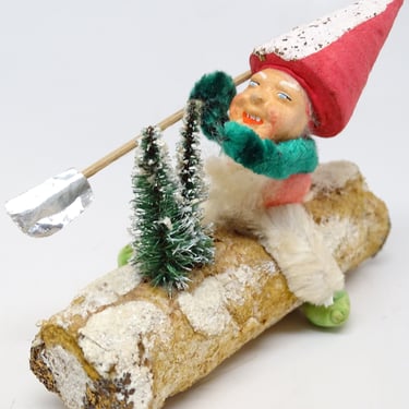 Vintage German Santa on Log with Faux Christmas Trees, Hand Painted Face, Retro MCM Holiday Decor, GERMANY 