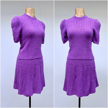 Vintage 1970s Purple Puffed Sleeve Knit Top and Mini Skirt, 70s Boho Two-Piece Acrylic Set, Small, VFG 