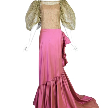 Oscar de la Renta 2001 Metallic Gold Lace Puff Sleeve Top and Pink Silk Taffeta Skirt Ensemble Set