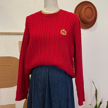 Ralph Lauren Classic Red Chunky Cable Knit Cotton Pullover Sweater - Large 