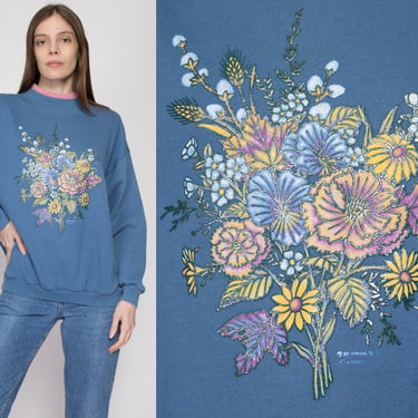 XL 90s Blue Flower Bouquet Collared Sweatshirt | Vintage Flower Graphic Novelty Mockneck Grandma Pullover 