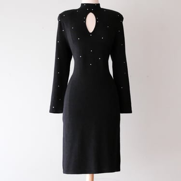 Amazing 1980’s Black Knit Cocktail Dress with Rhinestones / Sz M