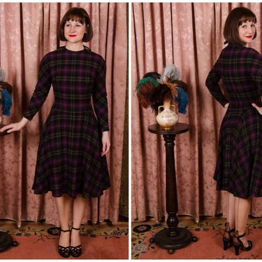 1950s Dress - Vintage Designer Anne Fogarty Purple Wool Plaid 50s Dress with Fit n Flare Shape and Long Sleeves 