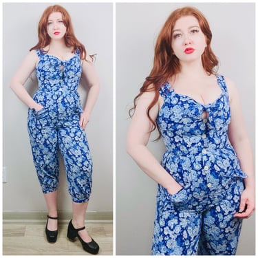 1980s Vintage Robbie Bee Cotton Floral Jumpsuit / 80s / Eighties Cropped Bow Bust Pedal Pusher Romper / Size Medium 