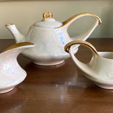 Pearl Lustreware Aladdin Teapot Sugar Bowl and Creamer with Gold Trim 