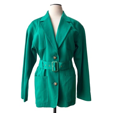 Louis Feraurd Wool Blazer, 1980s Belted Blazer in Kelly Green, Designer Fashion, Wool Jacket Coat, Made in Germany, Sz 6 