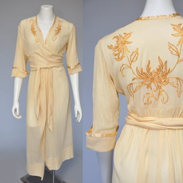 vintage antique 1920s yellow wrap dress robe w/ embroidery XS-M 
