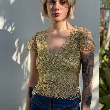 1960s Gold Beaded Shirt / Stavropoulos Couture Incredible Heavily Beaded Blouse / Short Sleeve Party Crop Top / Cocktail Sixties Party 