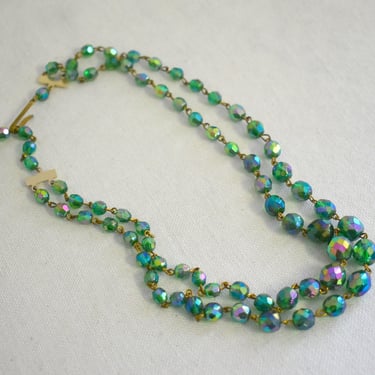 1940s/50 Western Germany AB Green Glass Bead Double Strand Necklace 