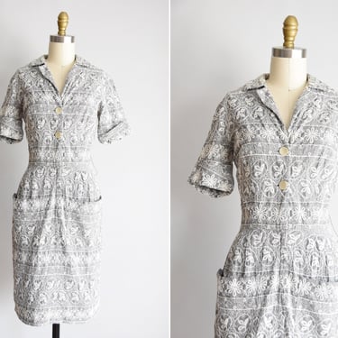 1950s  Grey Sky Blooms dress/ vintage 50s cotton daydress/Sir James embroidered dress 