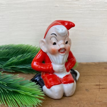 Vintage Elf Figurine, Pulling Beard, Santa Elf, Red Elf Suit, Whimsical, Small Ceramic, Made In Japan 