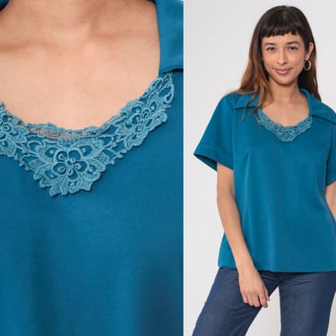 70s Lace Neckline Blouse Blue Crochet Collared Shirt Boho Hippie Collar V Neck Top Vintage 1970s Romantic Girly Cuffed Short Sleeve Large L 