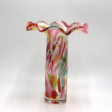 vintage art glass tutti fruity multi colored vase with ruffled edge 