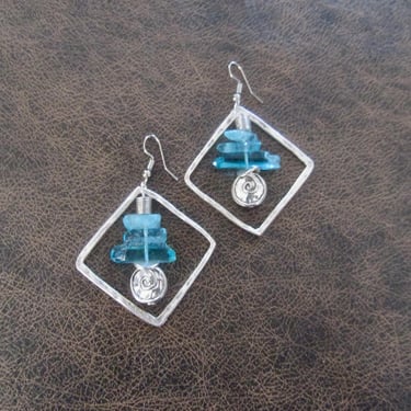 Raw quartz crystal earrings, blue geometric 