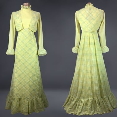 VINTAGE 70s Yellow Flocked Plaid Organza Maxi Dress and Jacket Set Open Back | 1970s Hostess Gown Outfit Long Dress | VFG 