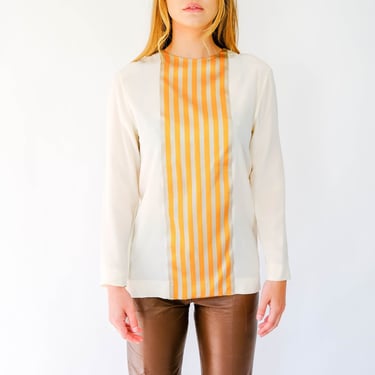 Vintage 80s Christian Dior Boutique Numbered Cream & Yellow Herringbone Stripe Silk Blouse  | Made in France | 1980s Designer Dior Shirt 