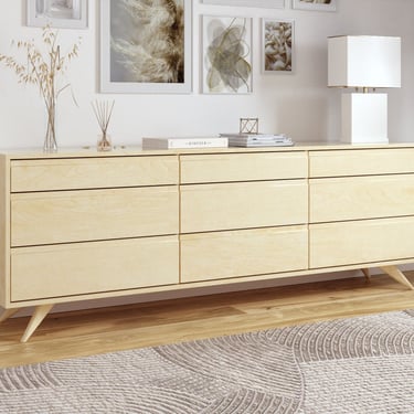 Modern 9 Drawer Dresser, Handmade Solid Wood, Organic Finish, Contemporary Design, Hairpin Legs Mid Century Modern 