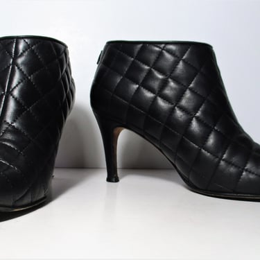 Vintage Chanel Quilted Leather Booties, Size 7 Women, Black Leather Ankle Booties 