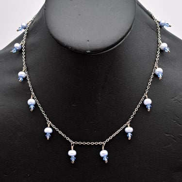 90's sterling blue pearls & crystals princess necklace, 925 silver chain potato pearl bicone dangles 