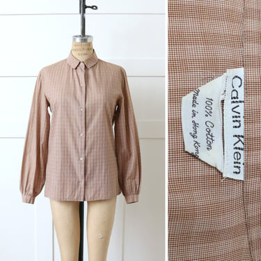 vintage late 1970s - 80s Calvin Klein shirt • casual checked cotton bishop sleeve blouse 