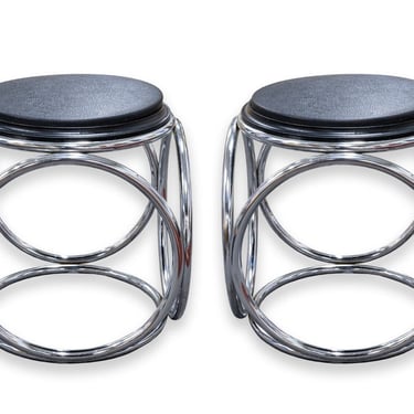 Pair of Jean Pierre Laporte French Art Deco Chrome Black Stool End Side Tables 