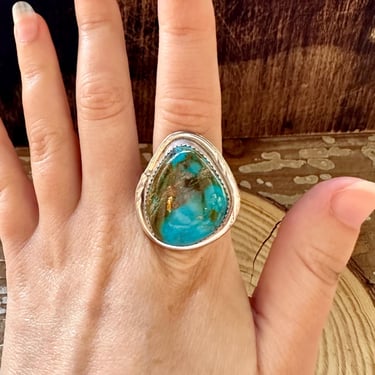 CHUNKY TURQUOISE and Sterling Silver Ring | Native American Navajo Southwestern Jewelry | J Sterling Hallmark | Size 12 