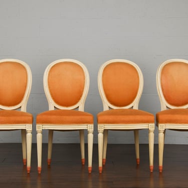 Antique French Louis XVI Style Provincial Painted Orange Wool Dining Chairs - Set of 4 