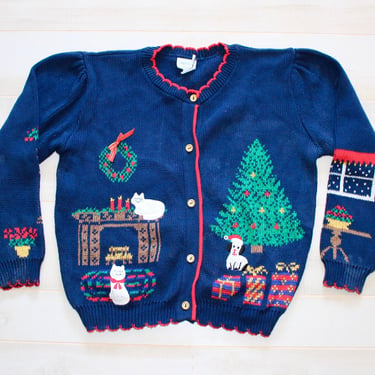 Vintage Ugly Christmas Sweater, Cat Dog Sweater, Novelty, Kawaii, Holiday, Tree, Grandma 