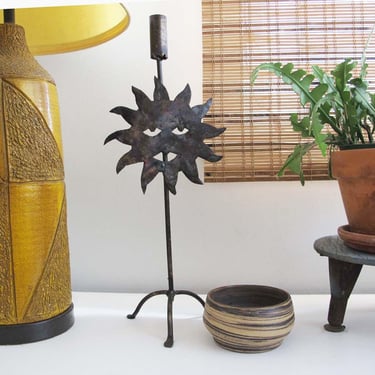 90s Celestial Sun Faces Metal Candlestick - Whimsy Goth Decor - Tall Aged Metal Taper Candle Holder 