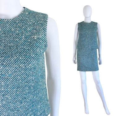 1960s Teal and Ivory Wool Tweed Skirt & Top Set - 1960s Teal Skirt Set - Vintage Teal Wool Skirt - Vintage Wool Shell Top | Size Extra Small 