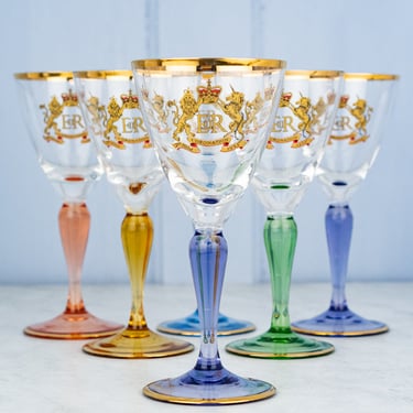 Vintage 1953 Coronation Colored Apertif Glass Set of 6