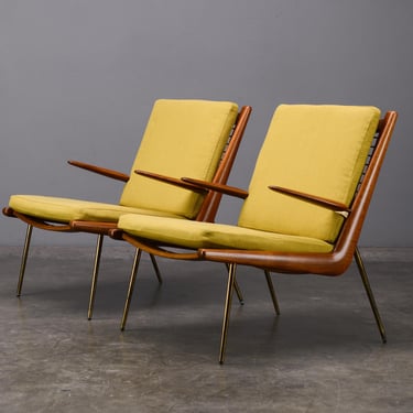 Pair of Peter Hvidt Boomerang Chairs FD334 Teak Chartreuse Wool Mid Century Danish Modern 