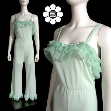 ADORABLE Vintage 60s 70s Light Mint Green Jumpsuit Pajamas with Ruffles 