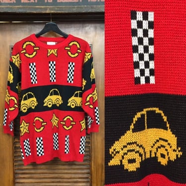Vintage 1980’s “Jeff Laurent” Cars and Stars Logo Knit Sweater, Vintage Oversize, Taxi Checkers, Vintage Lamé, Vintage Clothing 